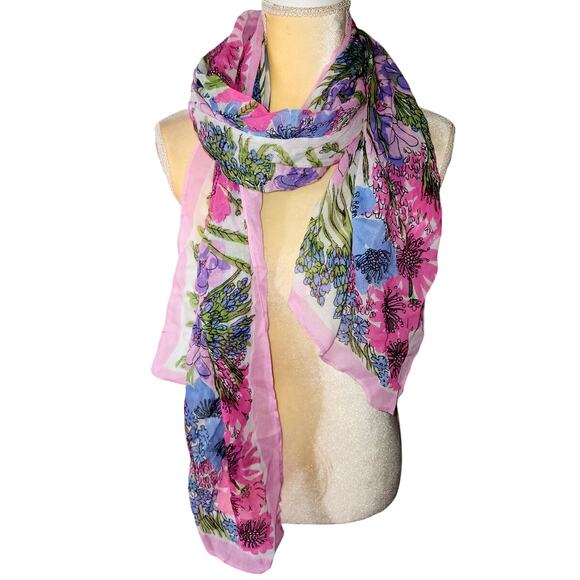 VERA NEUMANN Vintage Linen PURPLE BLUE PINK FLORAL Neck Scarf Shawl - Picture 2 of 8